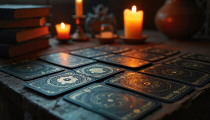 Gothic tarot cards spread on a wooden table with soft candlelight in a dim room