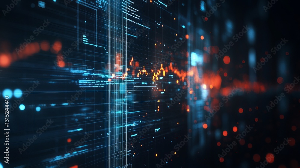 Poster futuristic digital data flow with glowing network and abstract rhythms