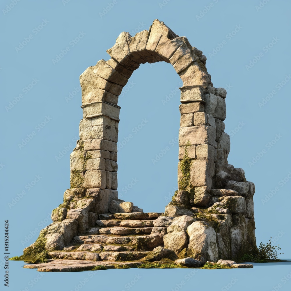 Poster the archway is made of stone and has moss growing on it. it is a very old and weathered structure
