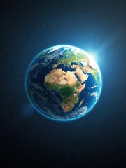 A vibrant blue Earth suspended in the inky blackness of space, texture, view