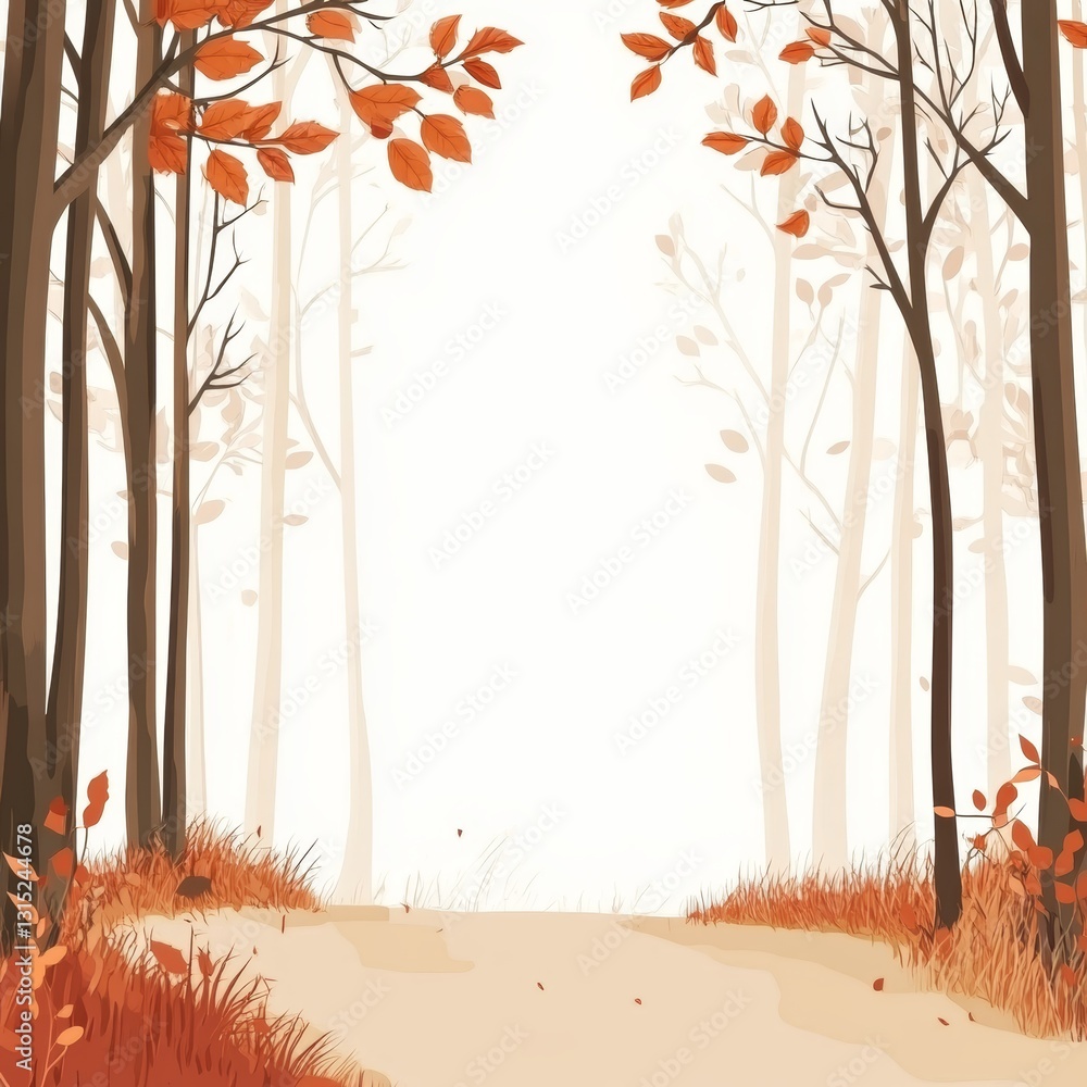 Aufkleber forest with a path leading through it. the trees are bare and the leaves have fallen