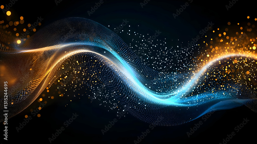 Poster dynamic flow of golden and blue particles in a wave pattern on a black background