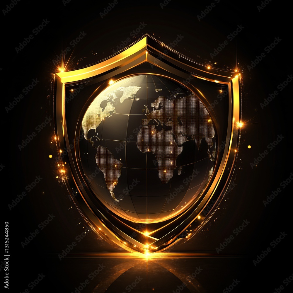 Aufkleber this golden shield with a globe design symbolizes security and protection in a modern visual style. 