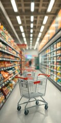 Blurred supermarket aisles, colorful product displays, shopping carts, shopping, consumerism