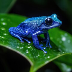 Obraz premium Vibrant blue poison dart frog perched on a dewy green leaf.