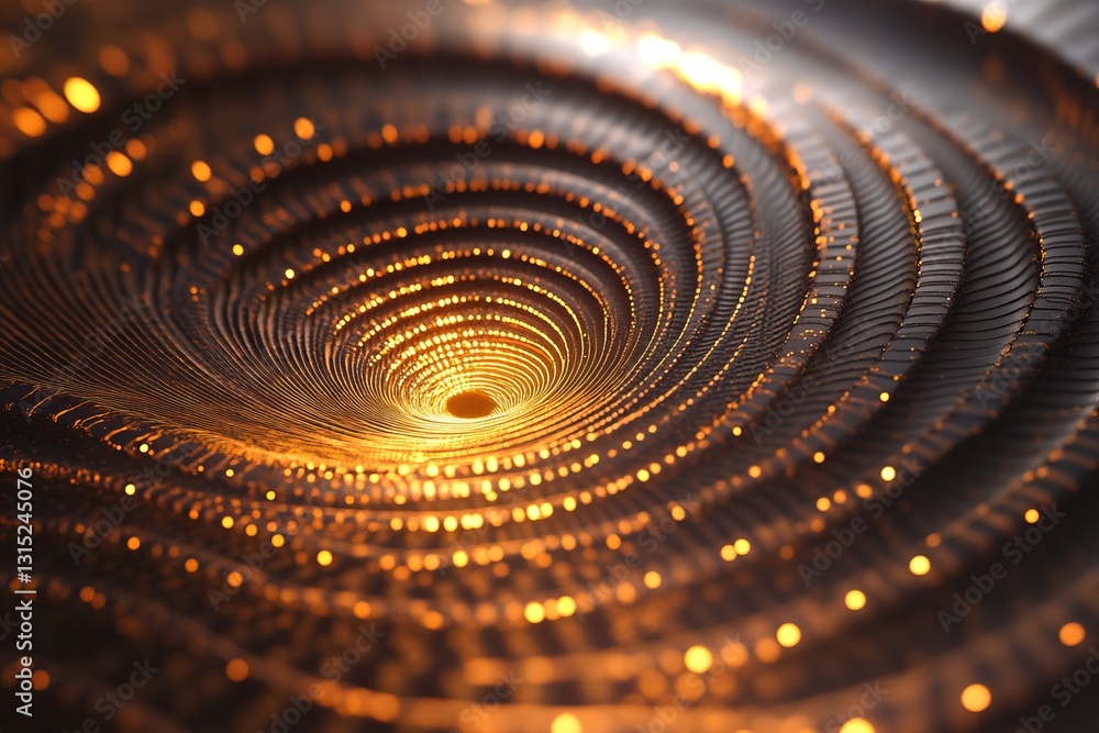 Poster close-up view of an abstract spiral pattern featuring glowing golden light, creating depth illusions