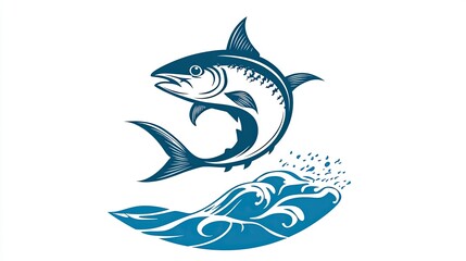 Naklejka premium Leaping tuna fish over stylized ocean wave, vintage style illustration.