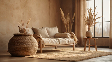 Wabi-sabi style living room interior mockup 