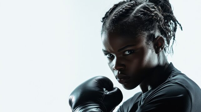 A female boxer shadowboxing with intensity, in training for a match, on a white isolated background - Powered by Adobe