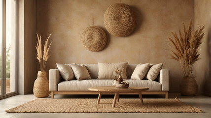 Wabi-sabi style living room interior mockup 