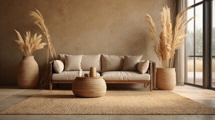 Wabi-sabi style living room interior mockup 