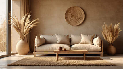 Wabi-sabi style living room interior mockup 