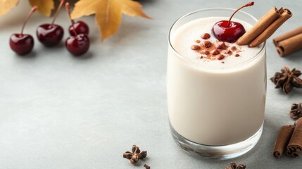 Cherry chai latte served in a tall glass with cinnamon sticks and cherries on top during autumn