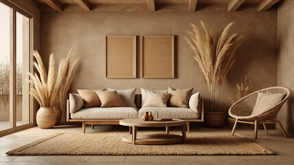 Wabi-sabi style living room interior mockup 