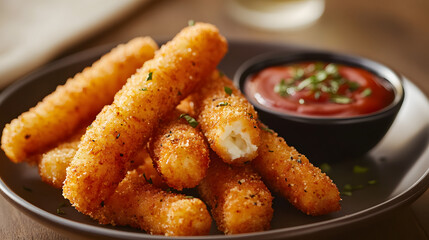 Crispy mozzarella sticks with a spicy crispy coating, served with a side of zesty dip, perfect for a flavorful appetizer.