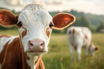 Close-up of a curious brown and white calf in a green field during golden hour highlighting rural beauty
