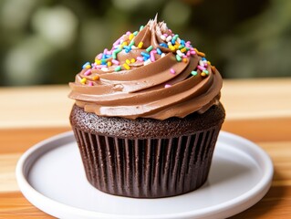 Deliciously indulgent photo realistic chocolate cupcake topped with rich chocolate frosting and sprinkles on a plate
