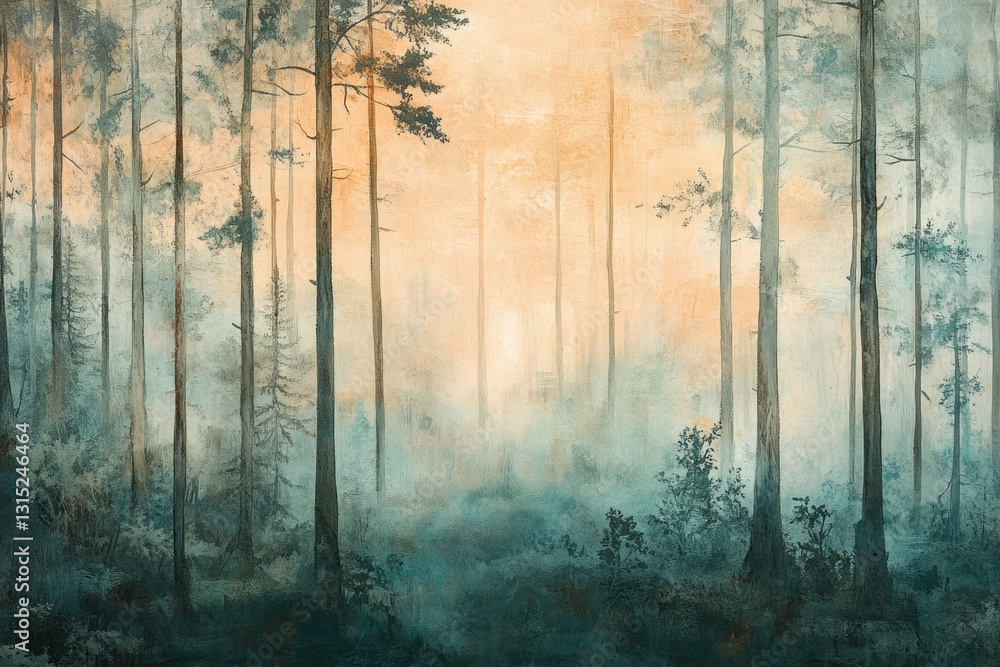 Poster misty forest at sunrise, tall trees stand in soft light, creating a serene and tranquil atmosphere.