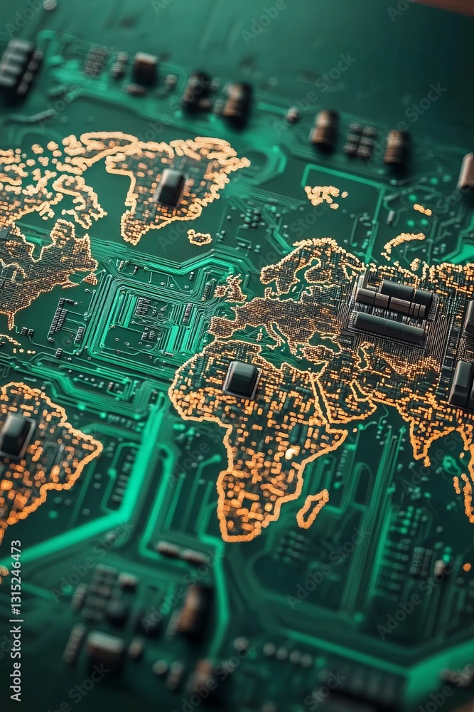 Aufkleber detailed circuit board representation of a world map with electronic components, showcasing global c
