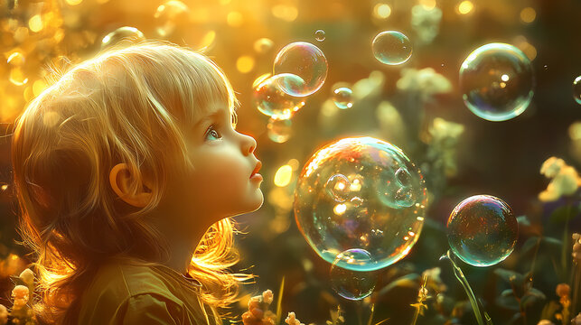 Enchanting portrait of a child captivated by shimmering soap bubbles in a nostalgic garden setting. Mystical - Forest. Illustration