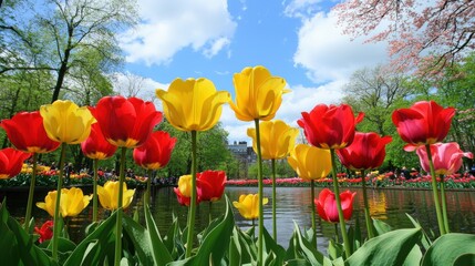 Obraz premium Bright tulip fields showcase vibrant colors in the Netherlands during early May