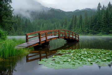 Fototapeta premium Serene wooden bridge spanning a misty lake, surrounded by lush green forest and water lilies.