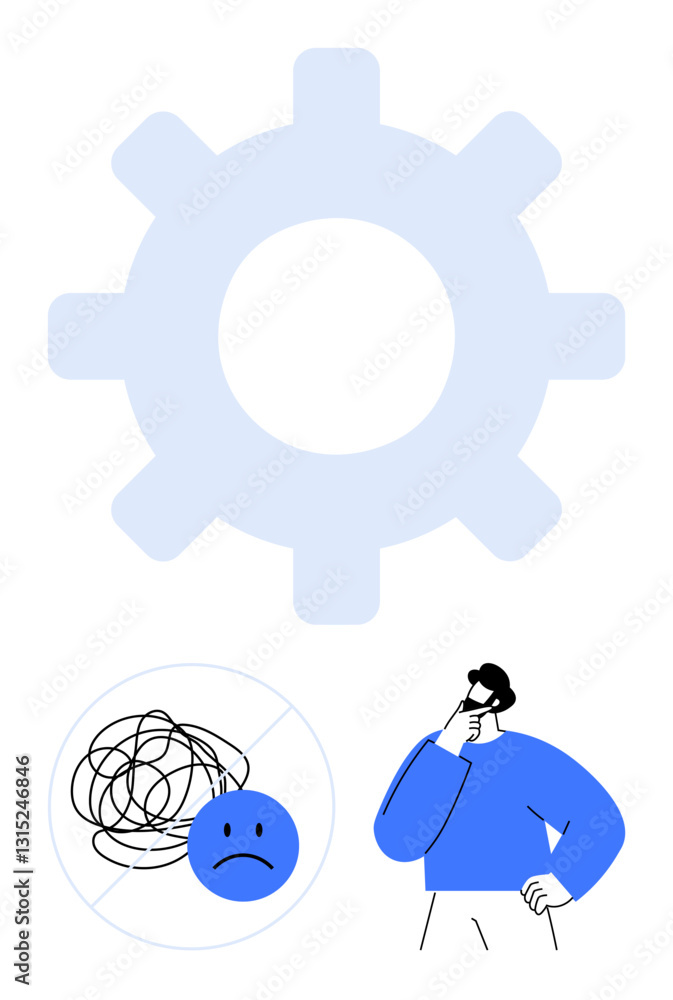 Poster large gear suggests problem-solving and progress. sad face in messy lines symbolizes confusion. man 