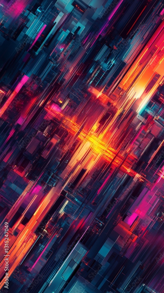 Aufkleber vibrant abstract digital art with geometric patterns and glowing light effects in a futuristic setti
