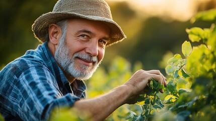 Agronomist in straw hat in field observing plant growth