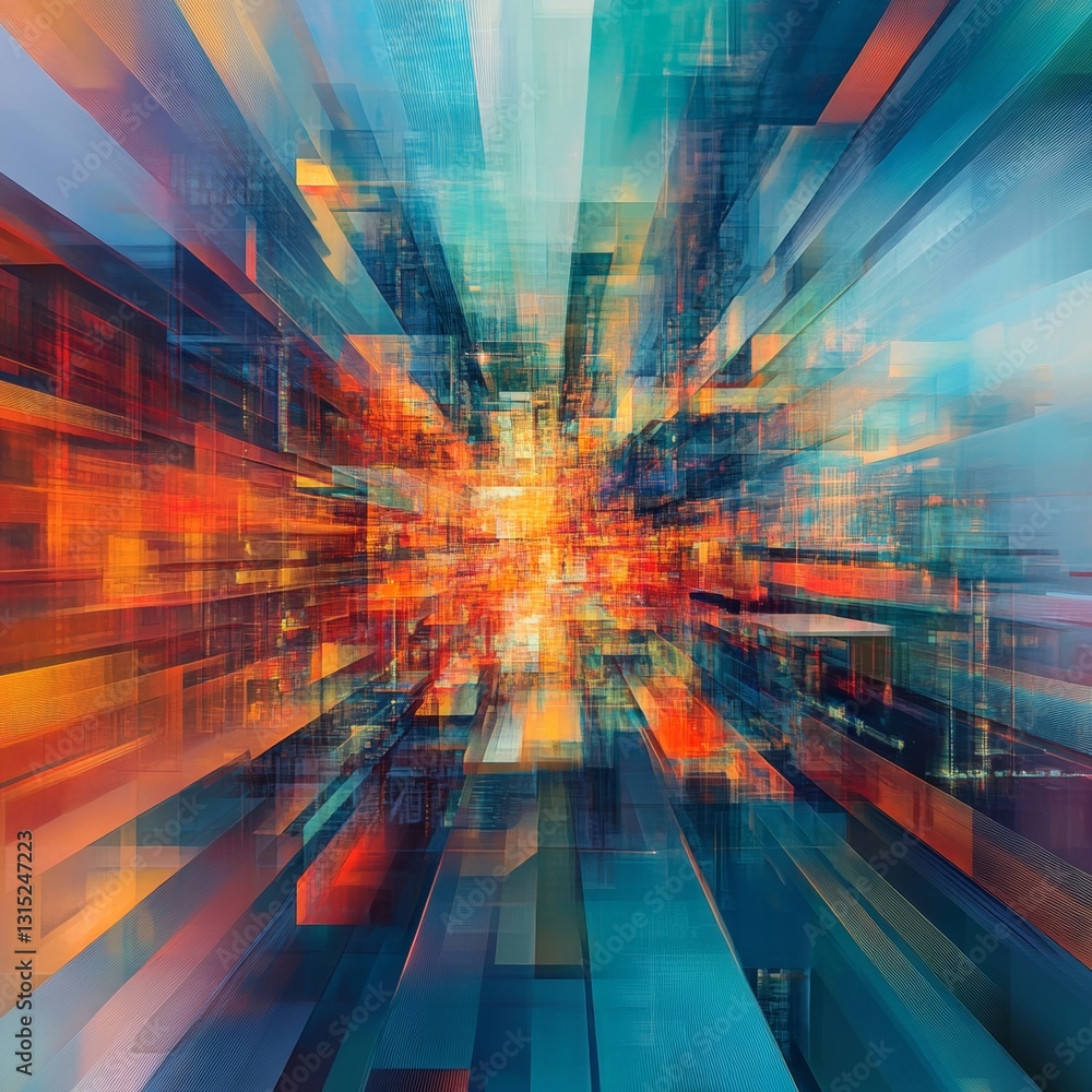 Poster dynamic abstract composition with vibrant colors and geometric patterns representing energy