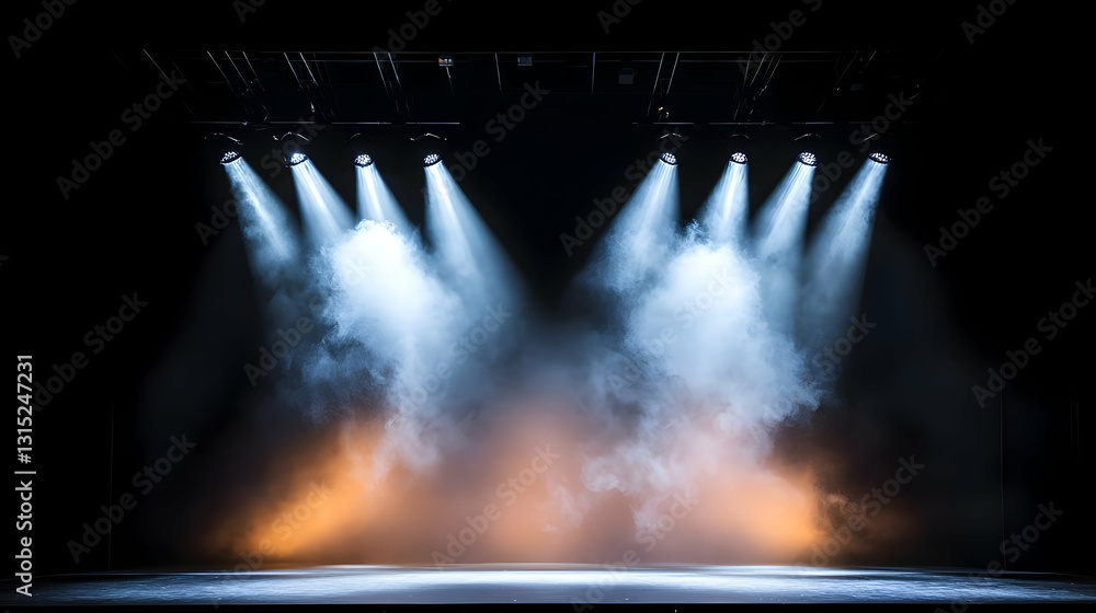 Poster illuminated empty stage with spotlights and atmospheric smoke in dark background for live performanc