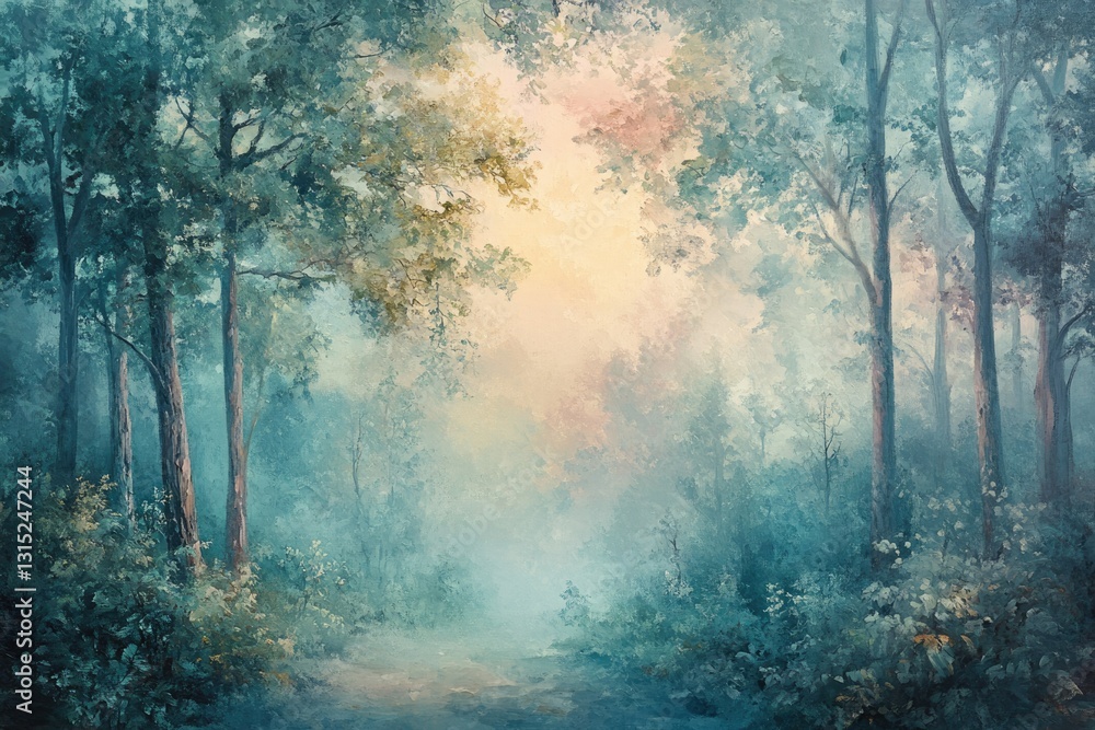 Poster Serene forest path veiled in morning mist, sunlight filtering through trees creating a magical atmosphere.