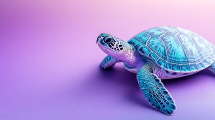 Fototapeta premium Turquoise turtle on lavender background, high-resolution wildlife contrast composition with smooth textures