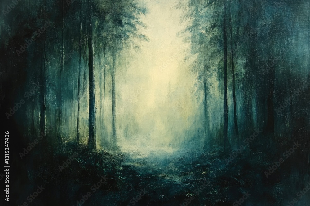 Poster a misty forest path, shrouded in ethereal light and shadow, evokes a sense of mystery and tranquilit