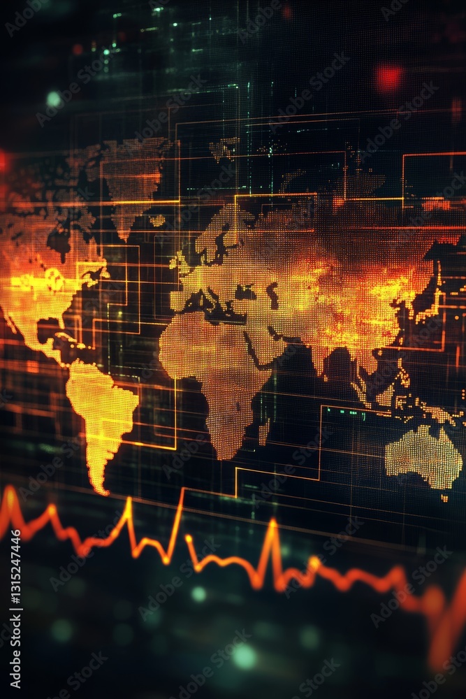 Poster a computer screen shows a map of the world with a red line indicating a rise in temperature. concept