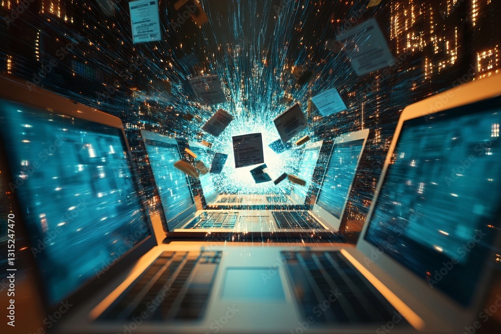 Poster dynamic representation of laptops surrounded by floating documents, showcasing data explosion in a d