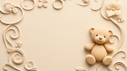 A golden baby shower invitation card with embossed teddy bear and elegant script, warm and charming