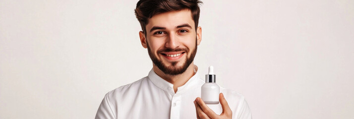 A male beauty consultant, exuding confidence and style, demonstrates a skincare product in a sleek, vibrant setting, combining expertise and modern elegance for an impactful presentation, banner
