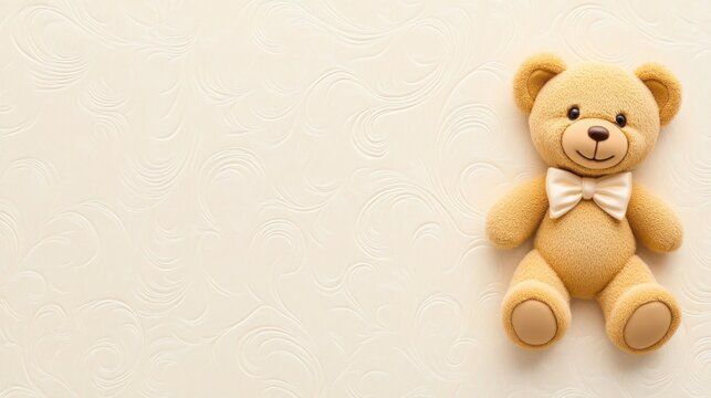 A golden baby shower invitation card with embossed teddy bear and elegant script, warm and charmin