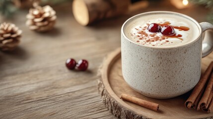 Steaming cherry chai latte in a cozy setting with pine cones and rustic decor during autumn
