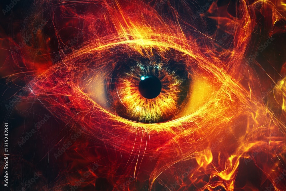 Poster a captivating abstract representation of an eye surrounded by fiery elements. the dynamic energy and