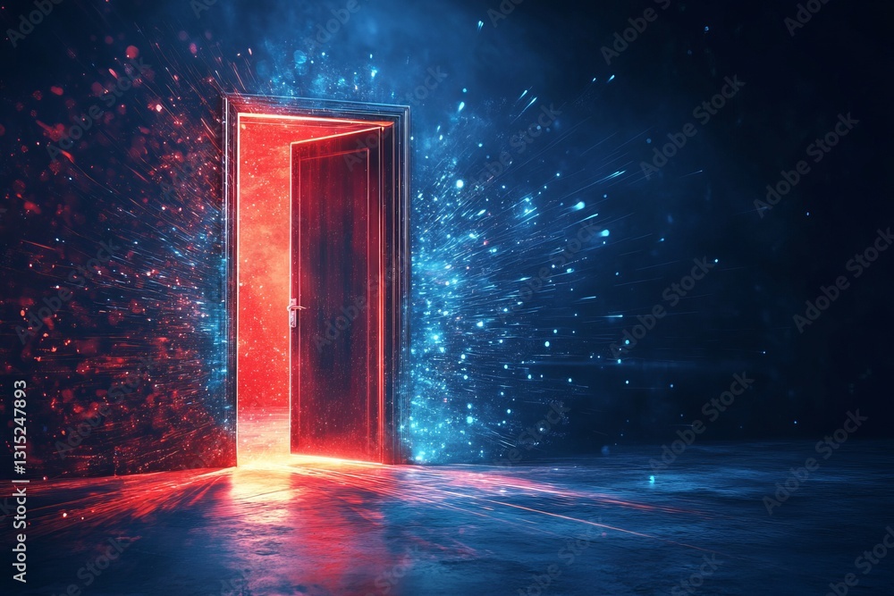Poster a captivating scene featuring a glowing doorway that emits bright blue and red light, surrounded by 