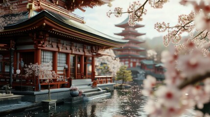 Cherry blossoms surround a traditional Japanese temple near a tranquil pond during spring season