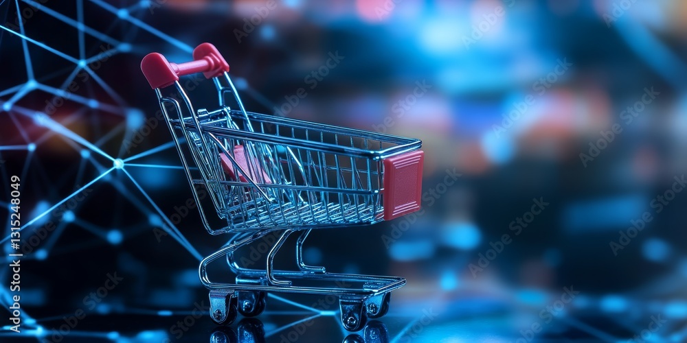 Poster a shopping cart is shown in a futuristic setting. the cart is silver and red, and it is surrounded b