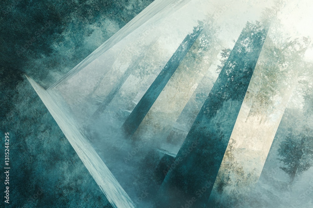 Aufkleber abstract artwork depicting a misty forest scene through geometric, translucent structures.