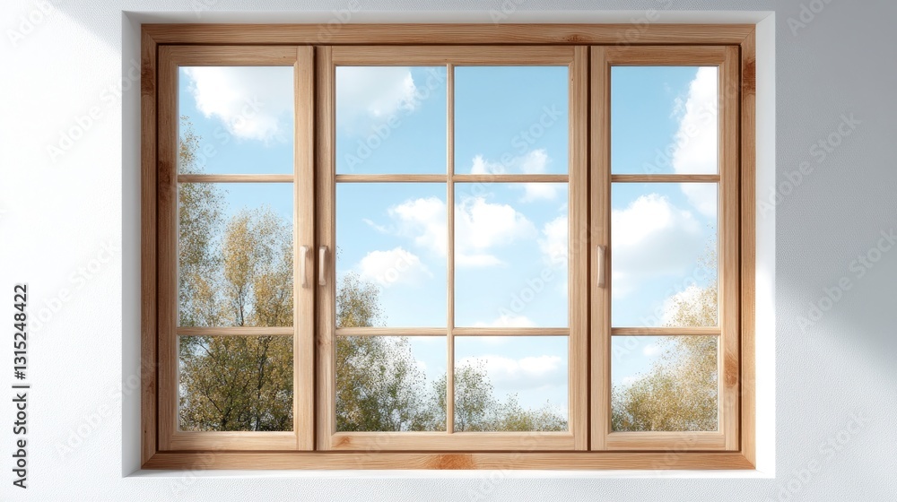Poster light wood framed window showcasing a view of trees and a partly cloudy sky.