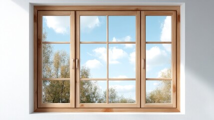 Light wood framed window showcasing a view of trees and a partly cloudy sky.