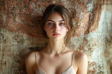 A young woman with light brown hair and blue eyes poses against a patterned background.