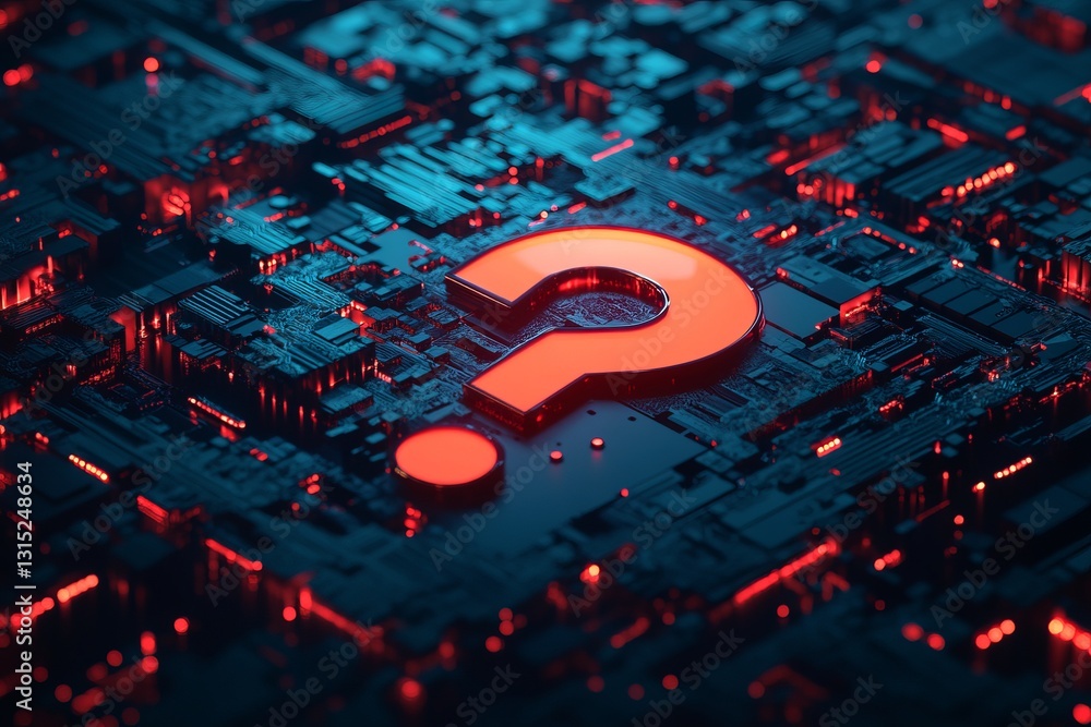 Poster a striking glowing question mark emerges from a high-tech circuit board, symbolizing inquiry and exp