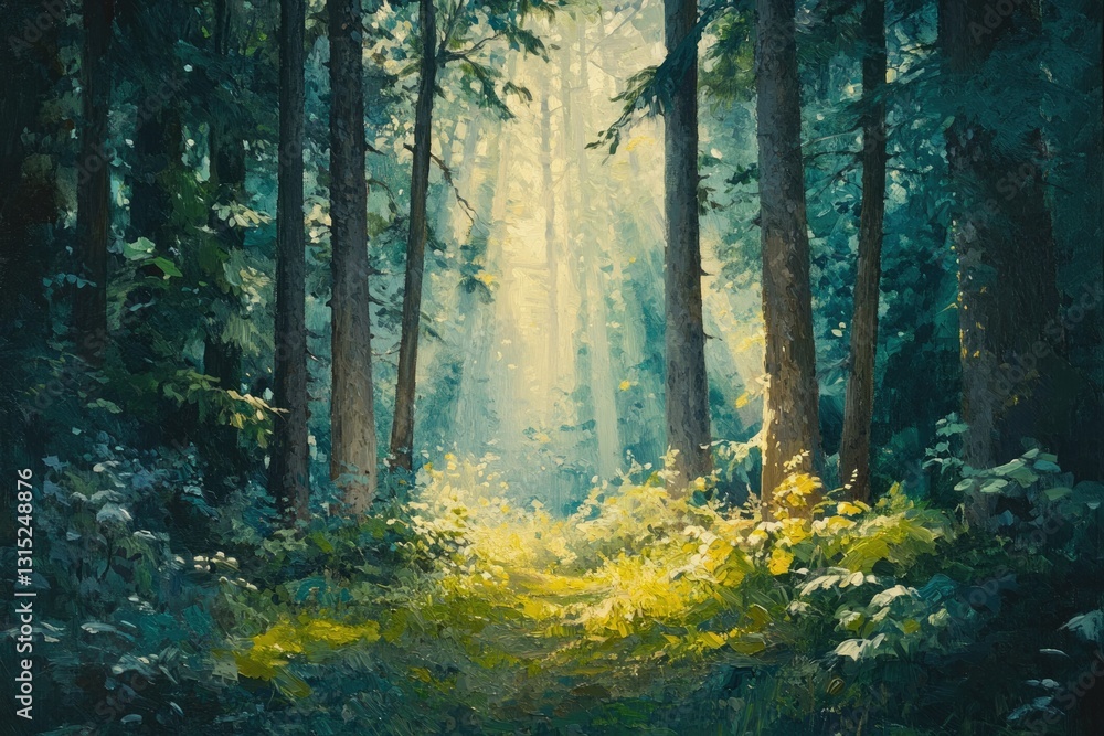 Poster Sunlit path through a mystical forest, tall trees creating a serene, magical atmosphere.